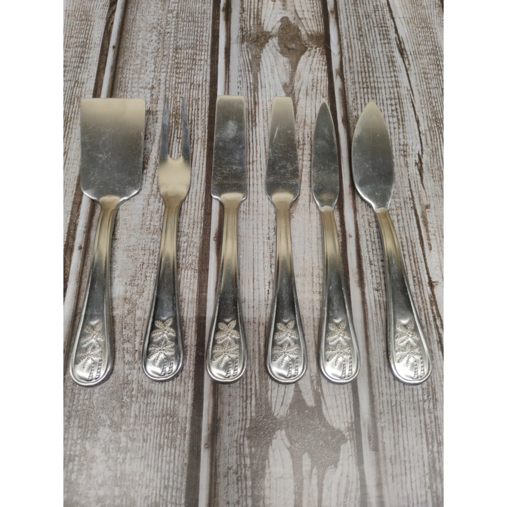 Set Of 6 Cambridge PALM TREE w/ Coconuts Stainless Satin Mini Serving Set 5 1/2"